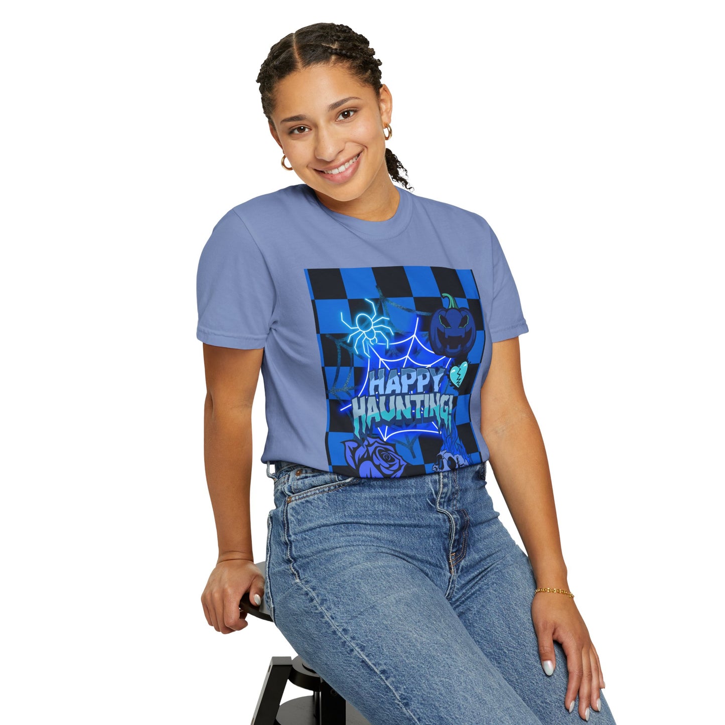 Happy Haunting Unisex Garment-Dyed T-shirt, Halloween Tee, Spooky Shirt, Fall Fashion, Casual Wear, Pumpkin Fest