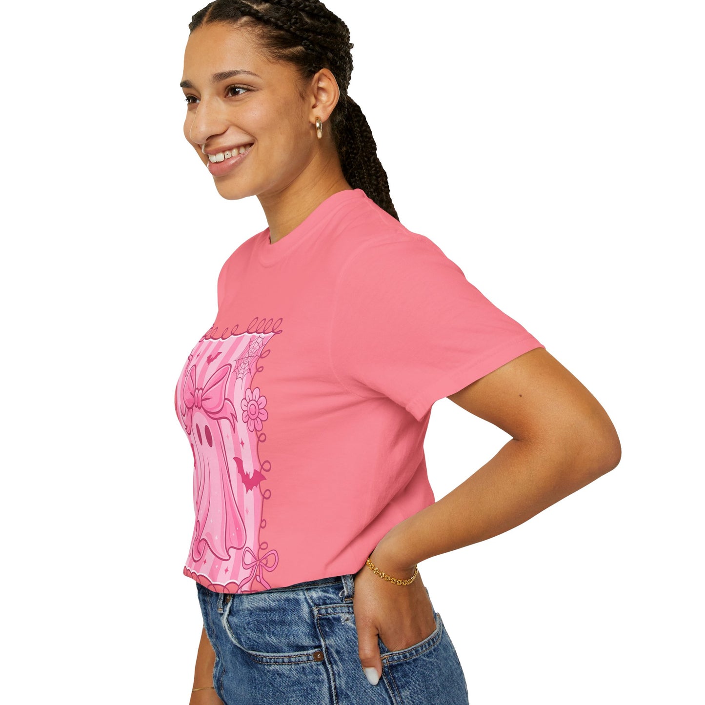 Cute Pink Ghost Graphic T-Shirt, Pink Halloween Tee, Unisex Garment-Dyed Top, Spooky Style for Fall, Trick or Treat Fashion