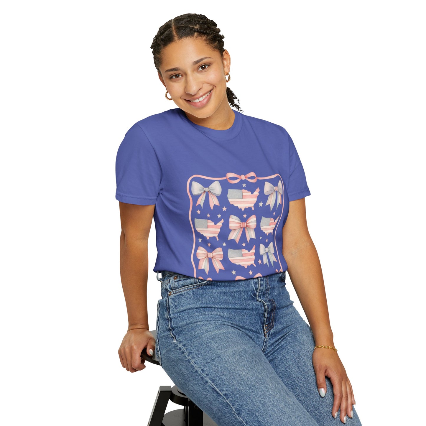 America Coquette Cute Bow Pattern Comfort Colors Unisex T-Shirt - 4th of July USA Celebration
