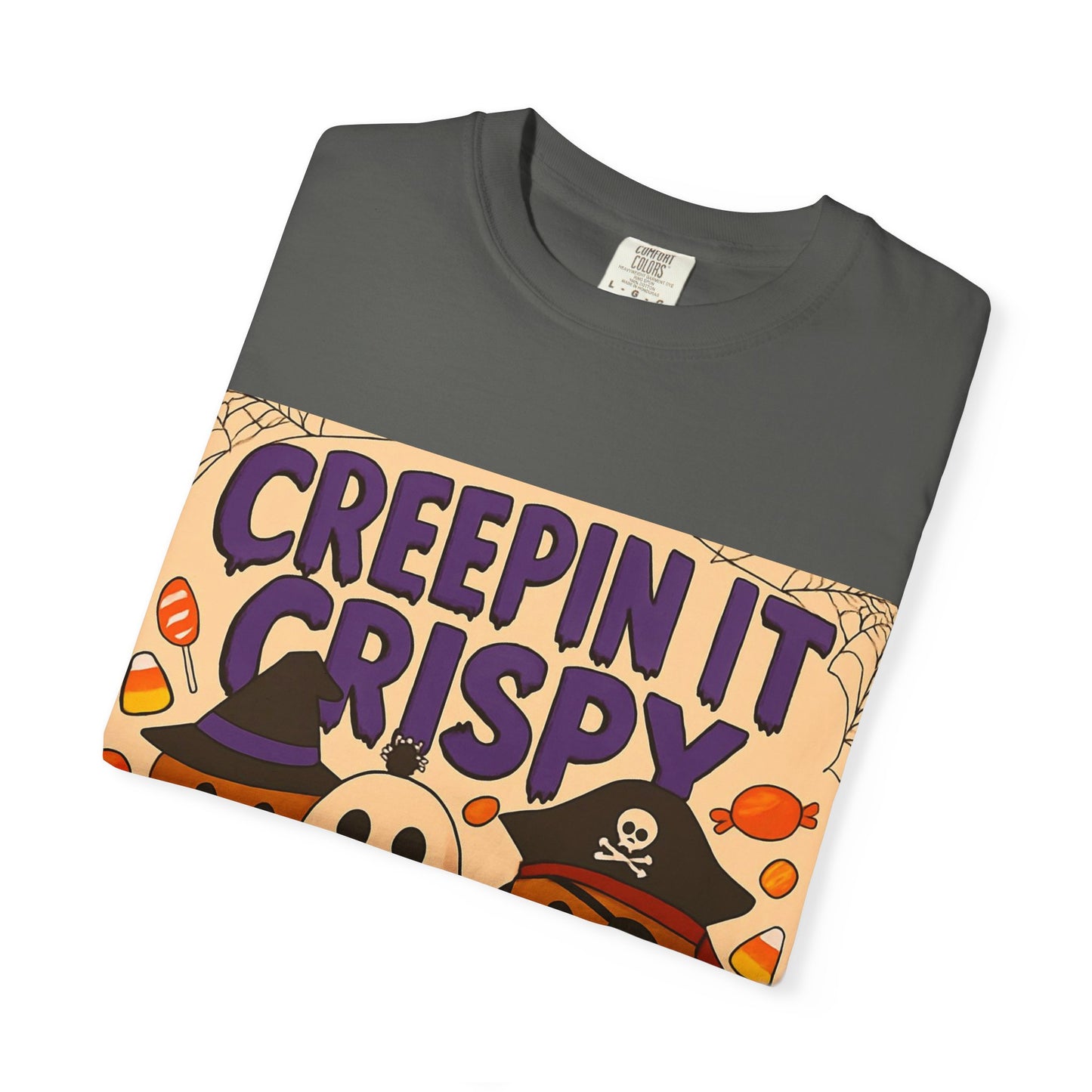 Halloween Themed T-Shirt, Creepin It Crispy T-Shirt, Unisex Shirt for Fall, Cute Halloween Tee, Festive Ghost & Candy Design