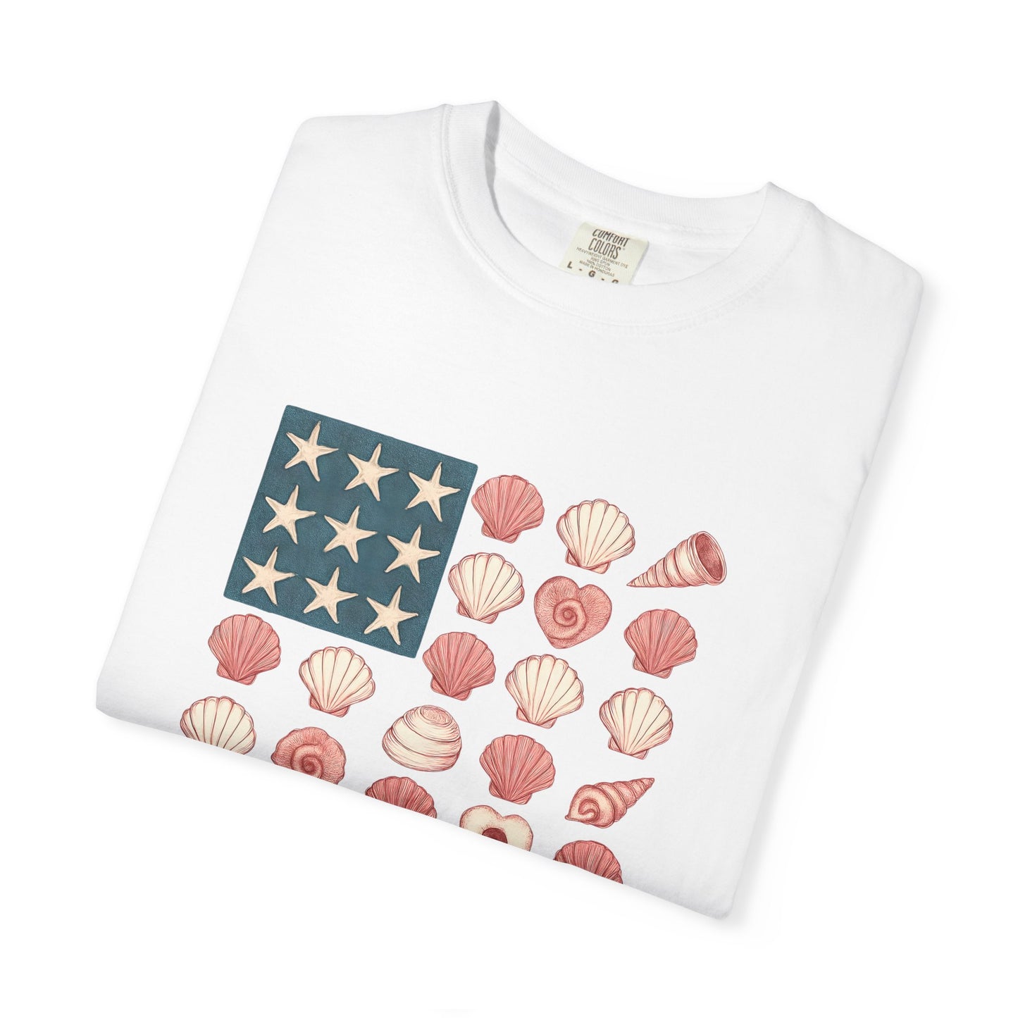 Comfort Colors-Seashell Flag T-Shirt, Unisex, American Flag, Beach Vibes, Nautical Gift, Summer Vibes, July 4th