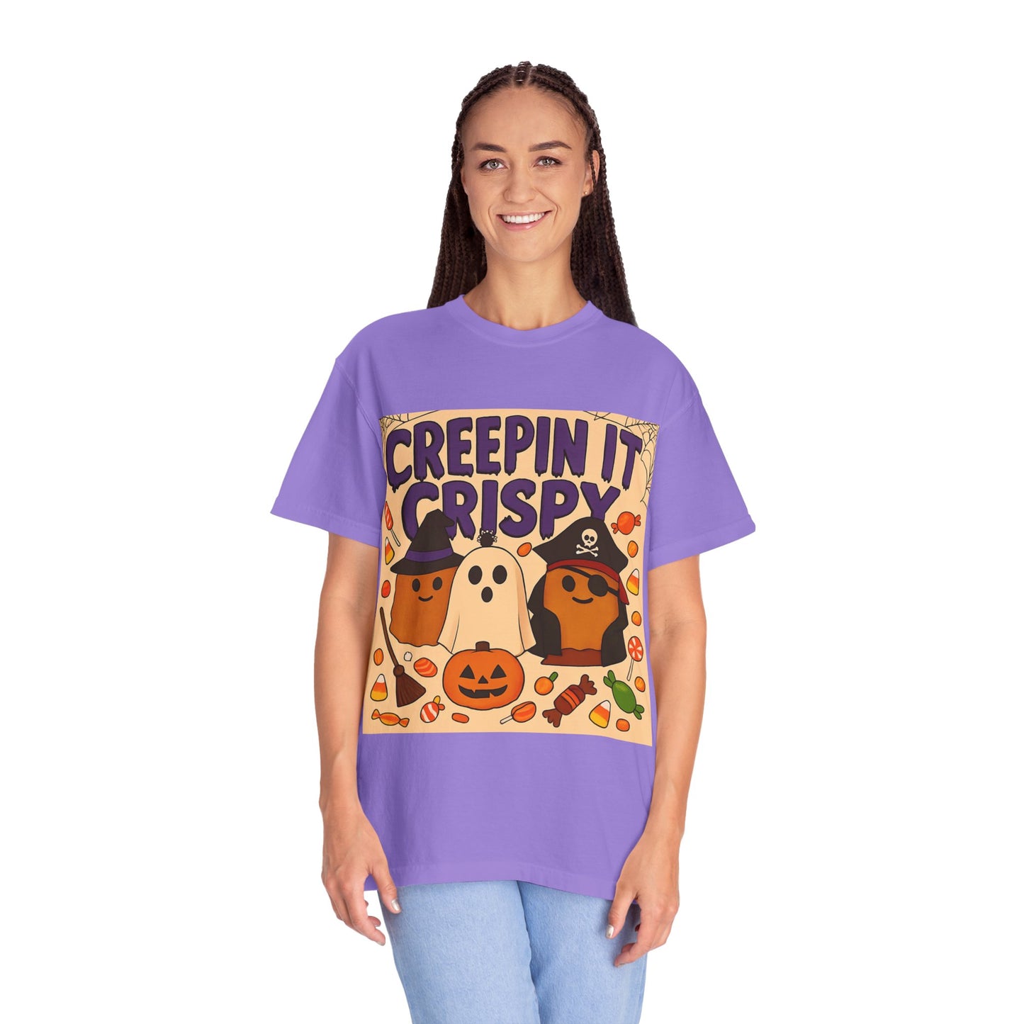 Halloween Themed T-Shirt, Creepin It Crispy T-Shirt, Unisex Shirt for Fall, Cute Halloween Tee, Festive Ghost & Candy Design