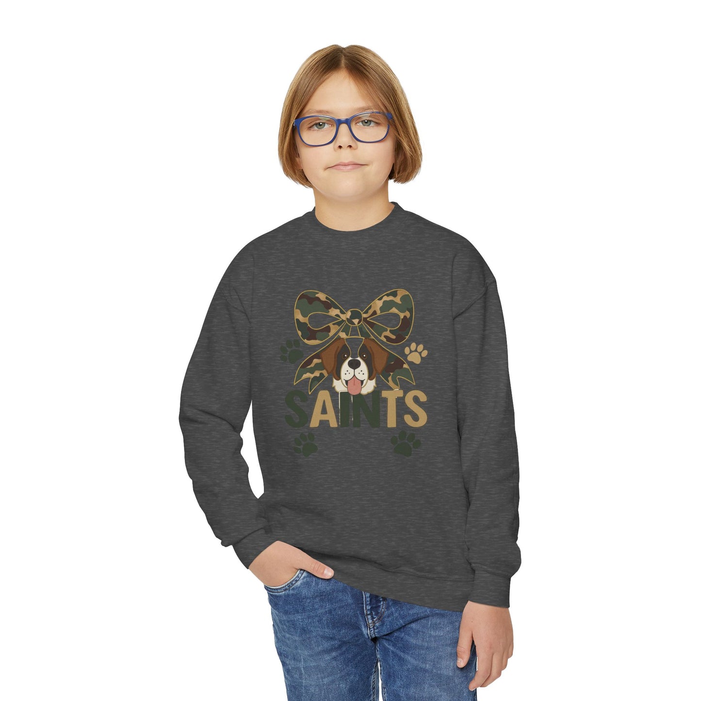 Youth Crewneck Sweatshirt with Camo Bow and Paw Prints, Dog Lovers Gift, Cozy Pet-Themed Apparel, Great for Holidays, Perfect for [...]