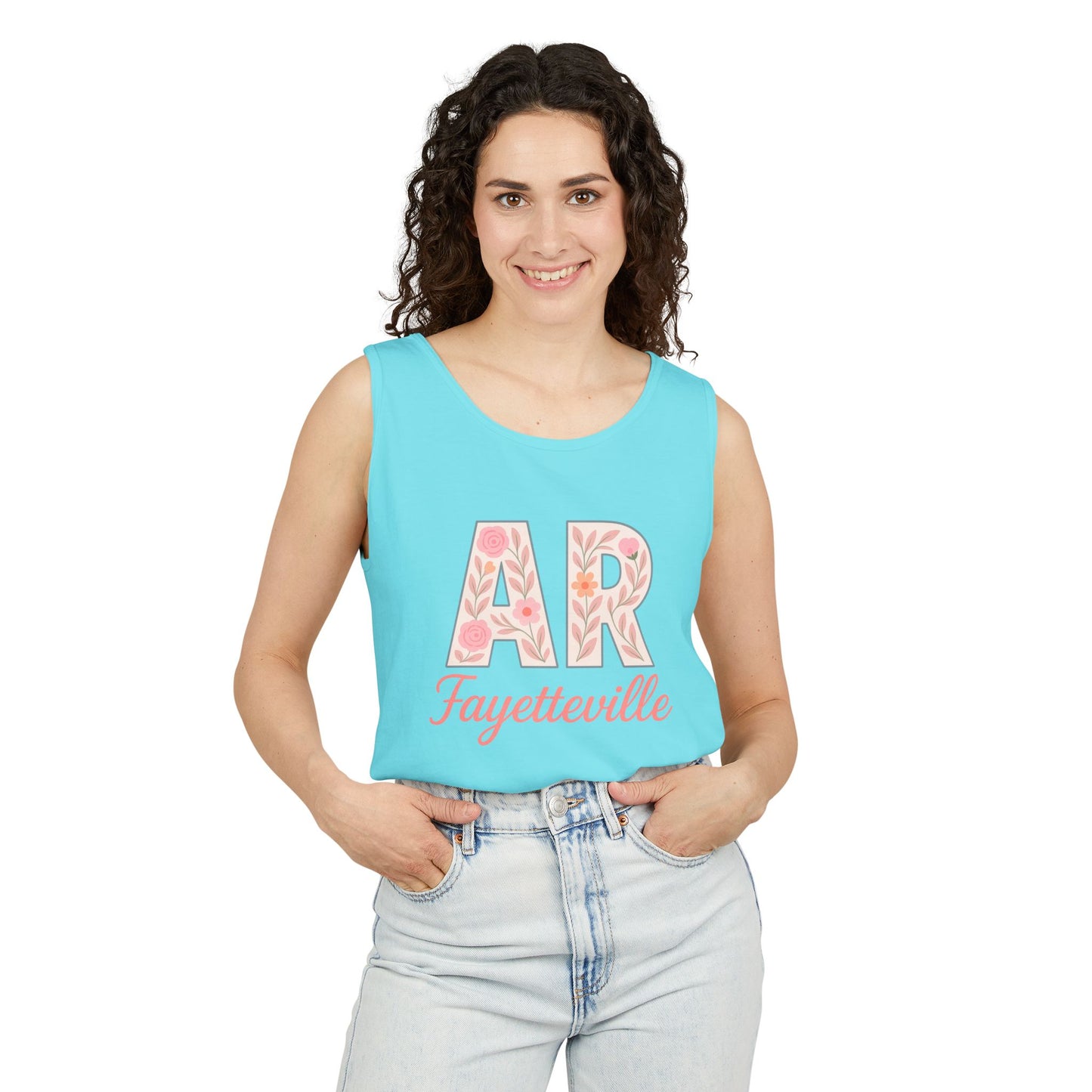 Fayetteville Floral Tank Top, Casual Summer Top, Gift for Her, Travel Apparel, Arkansas Style, Arkansas Student Gift, Graduation Gift, Comfort Colors