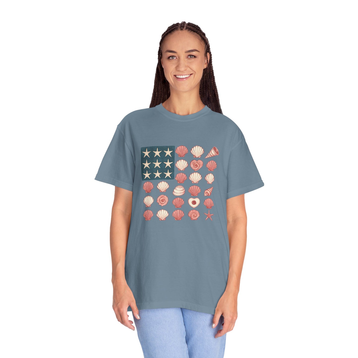 Comfort Colors-Seashell Flag T-Shirt, Unisex, American Flag, Beach Vibes, Nautical Gift, Summer Vibes, July 4th