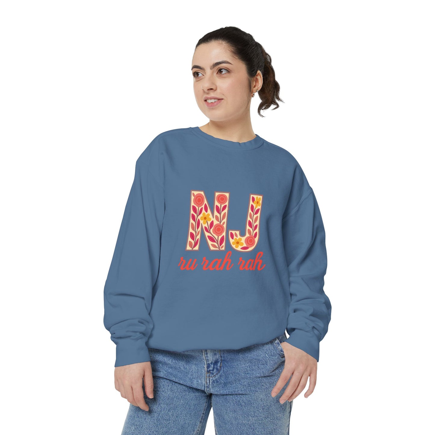 Cheerful NJ Garment-Dyed Sweatshirt, Cozy Unisex Pullover for School Spirit, Fall Fashion, Gift for College Students, Relaxed Fit