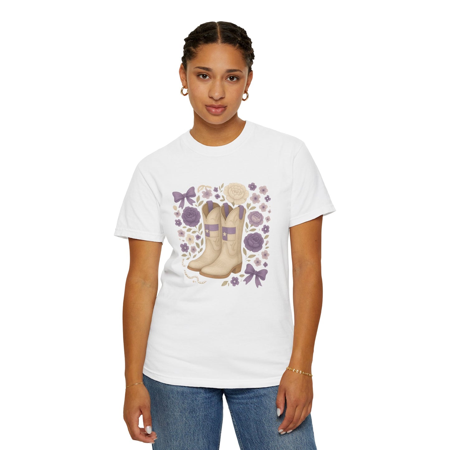 Whimsical Floral Boots Unisex T-Shirt | Casual Style, Gift for Her, Texas Christian University, TCU Frogs, Comfort Colors, Texas Fan gift, Graduation Gift