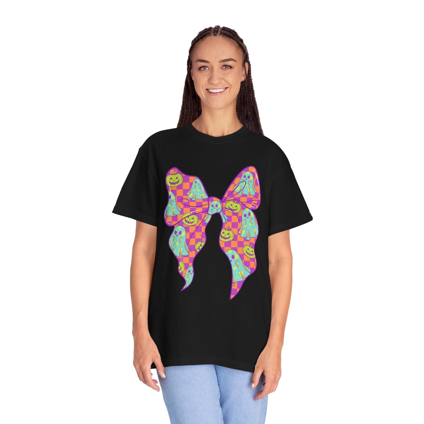 Neon Checkered Ghost Bow T-Shirt - Fun Lovers Halloween Unisex Tee