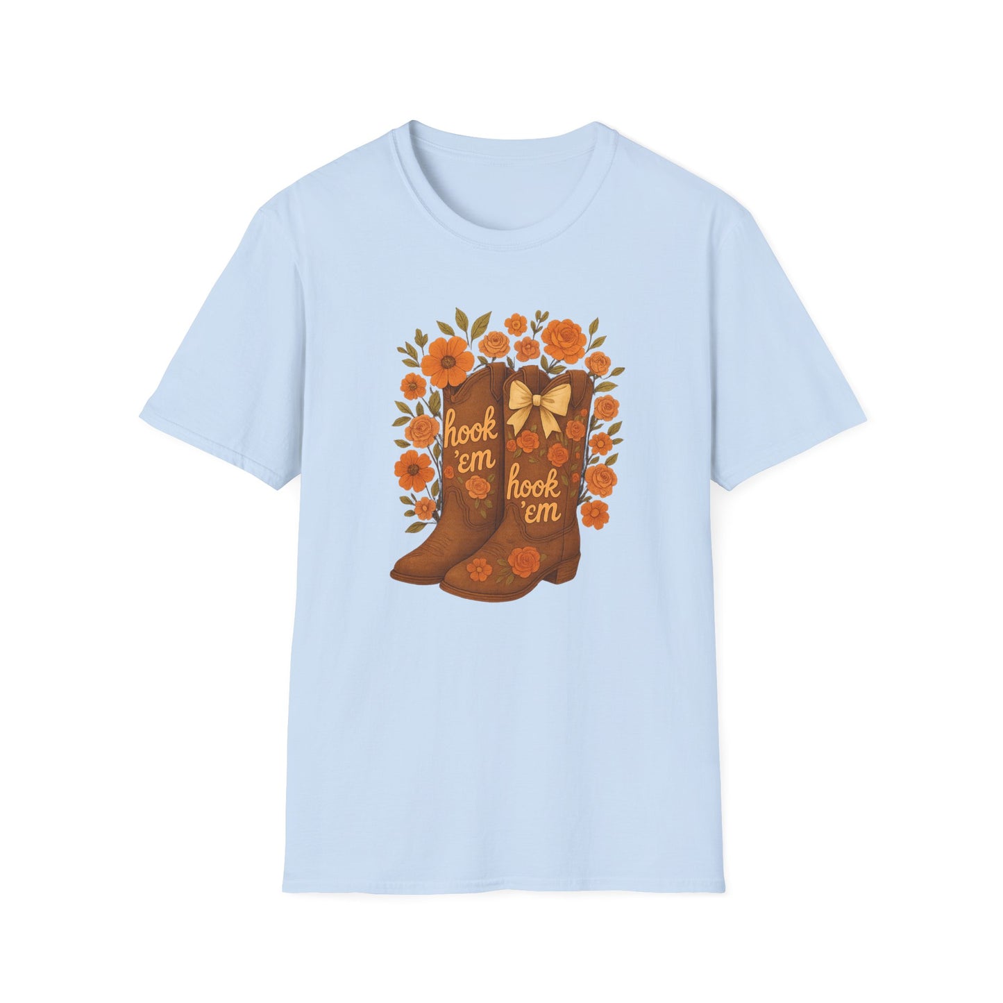 Tx Hook Em Floral Cowboy Boot T-Shirt, Hook 'Em Tee, Autumn Apparel, Country Style, Gift for Her, tx longhorns, texas fan gift, hook em horns, graduation gift, college student gift
