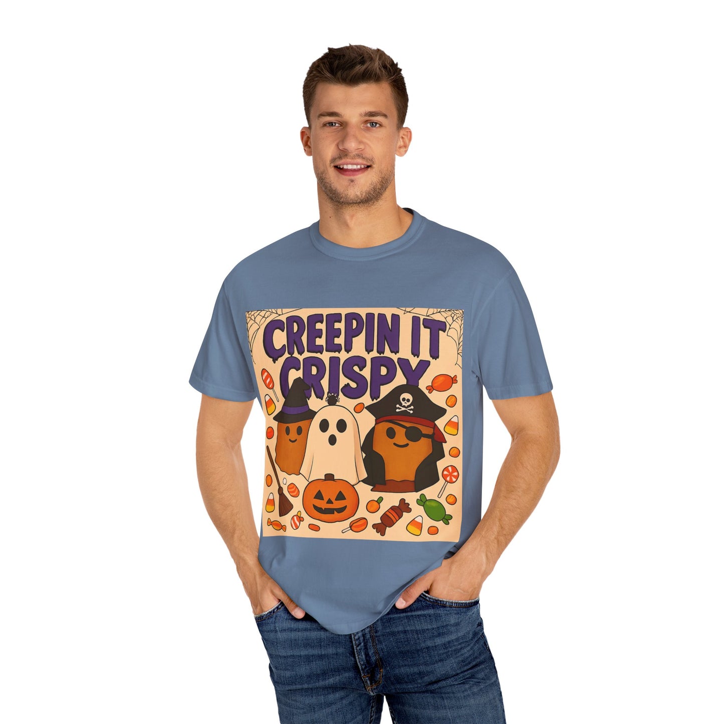 Halloween Themed T-Shirt, Creepin It Crispy T-Shirt, Unisex Shirt for Fall, Cute Halloween Tee, Festive Ghost & Candy Design