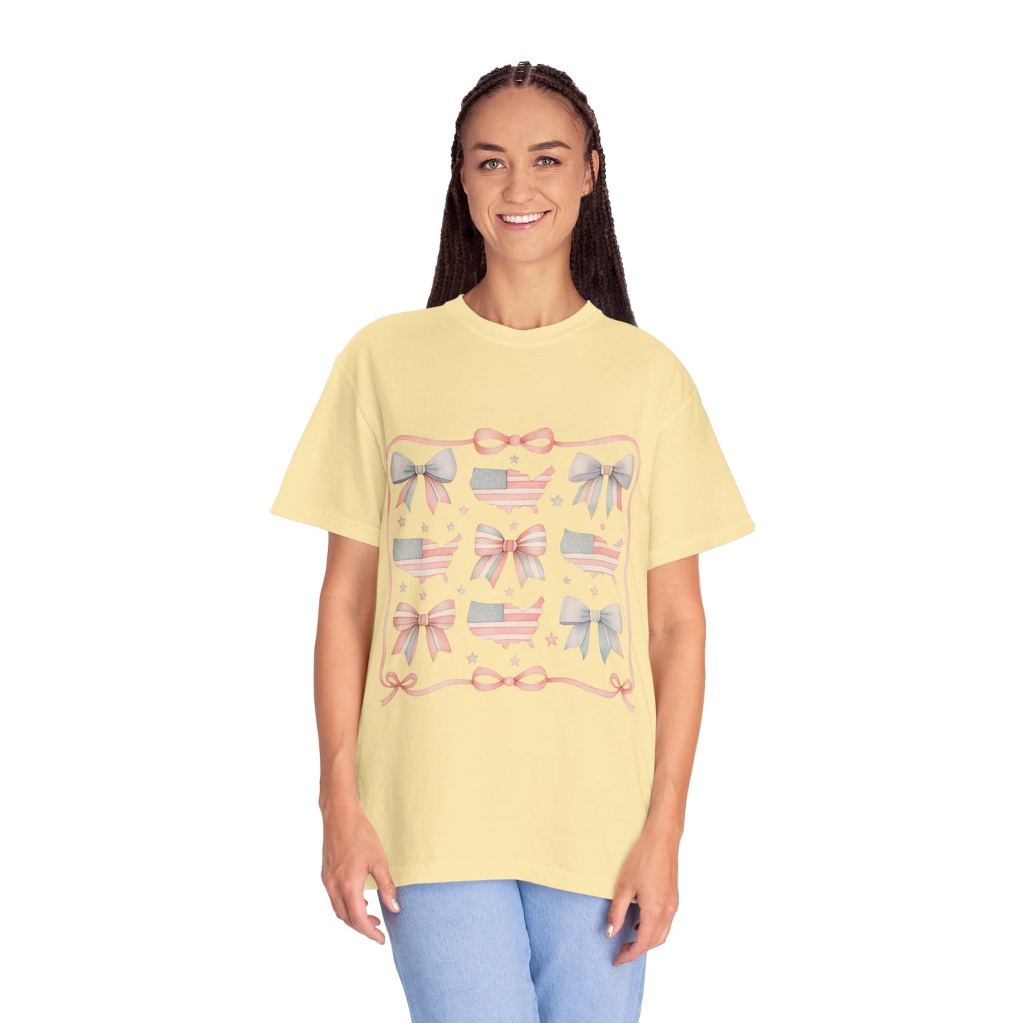 America Coquette Cute Bow Pattern Comfort Colors Unisex T-Shirt - 4th of July USA Celebration