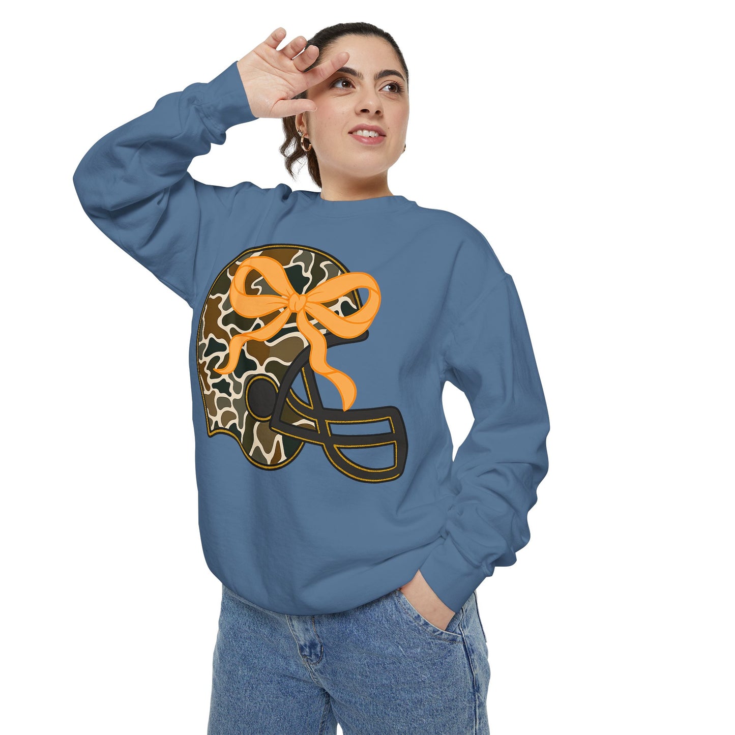 Comfort colors sweatshirt Camo Helmet Design, Casual Athletic Wear, Unisex Fall Fashion, Gift for Sports Fans