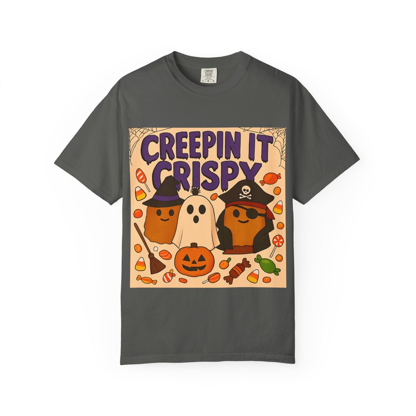 Halloween Themed T-Shirt, Creepin It Crispy T-Shirt, Unisex Shirt for Fall, Cute Halloween Tee, Festive Ghost & Candy Design