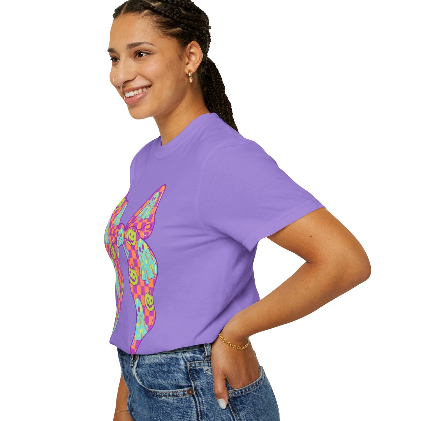 Neon Checkered Ghost Bow T-Shirt - Fun Lovers Halloween Unisex Tee