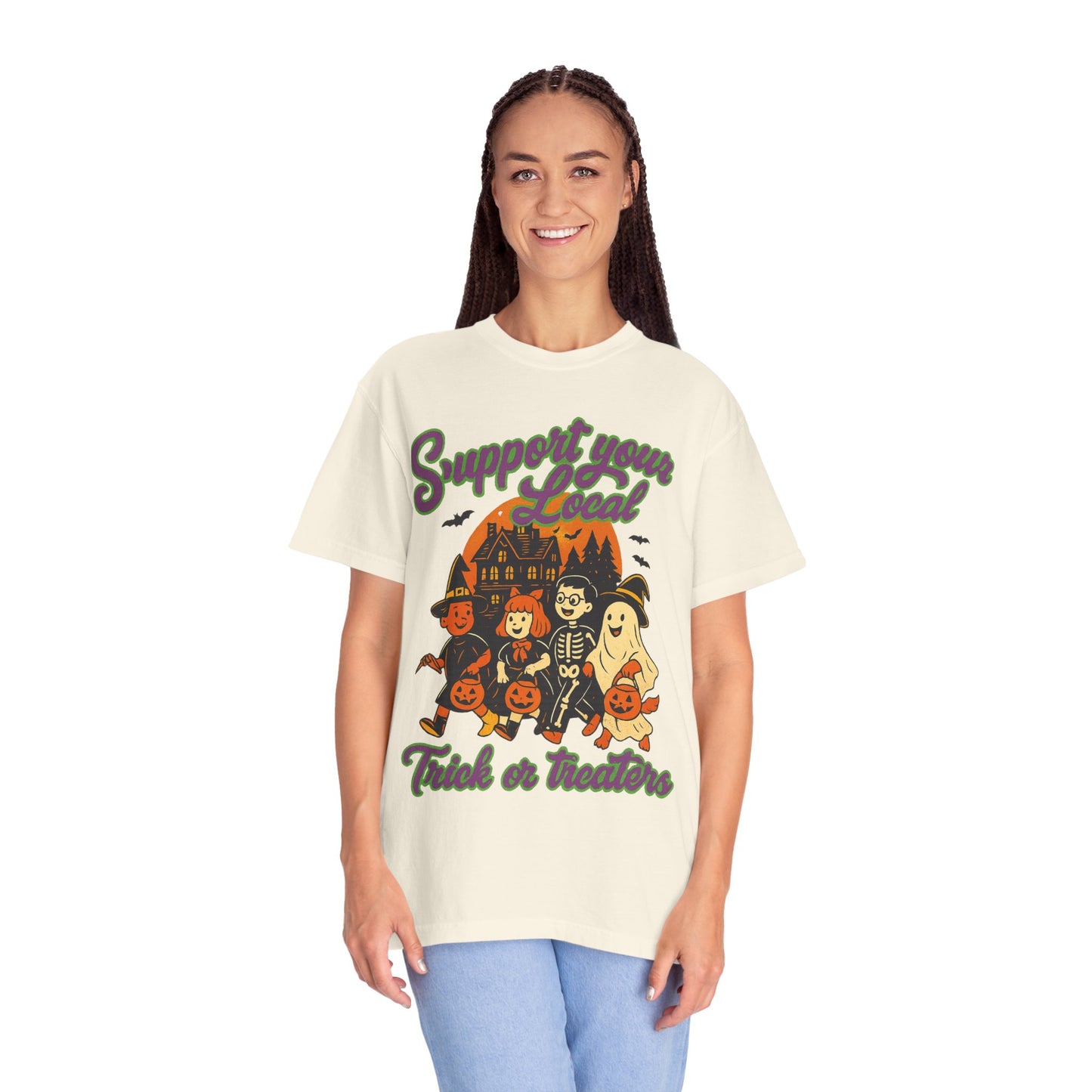 Halloween Support T-Shirt, Youth Trick or Treat Shirt, Garment-Dyed Tee for Kids, Spooky Season Apparel, Holiday Party Top, Fun Costume Wear