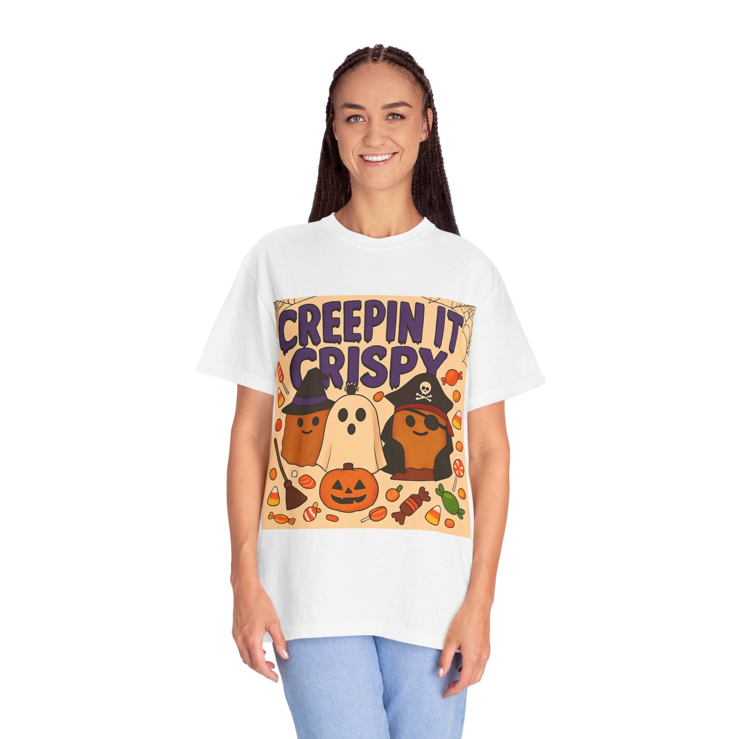 Halloween Themed T-Shirt, Creepin It Crispy T-Shirt, Unisex Shirt for Fall, Cute Halloween Tee, Festive Ghost & Candy Design