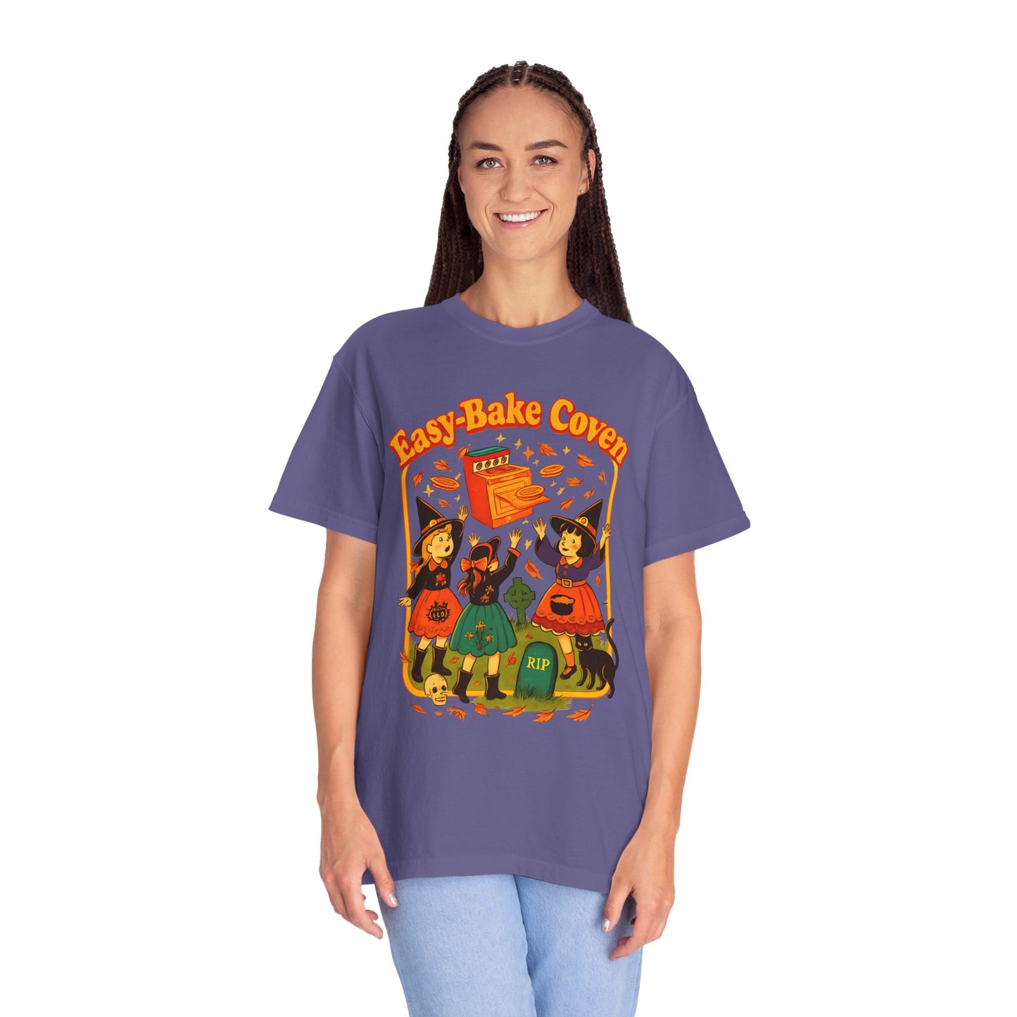 Halloween Witch T-Shirt, Unisex Garment-Dyed Shirt, Easy-Bake Coven Tee, Spooky Season Apparel, Cute Witch Design
