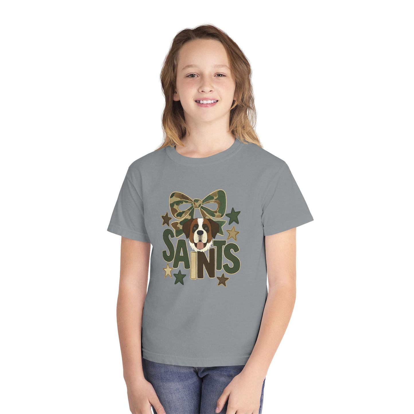 Camo Saints Youth Tee, Fun T-Shirt for Dog Lovers, Kids Outdoor Adventure Gear, Birthday Gift, Casual Wear