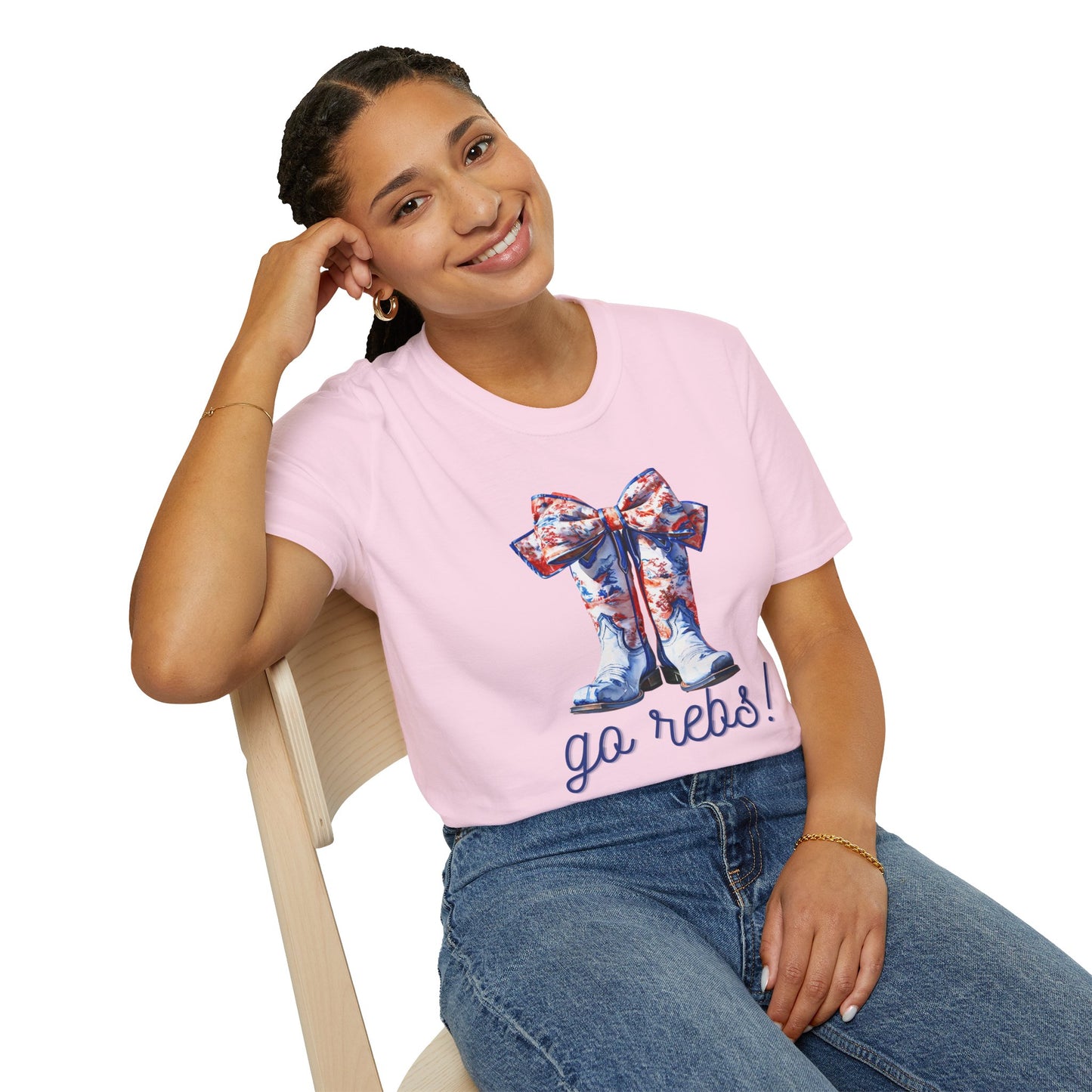 , go Rebs  Cheerful Unisex Softstyle T-Shirt with Bow Design | Gift for Sports Fans, Casual Wear, Team Spirit, Game Day Shirt, Cheerleading Top