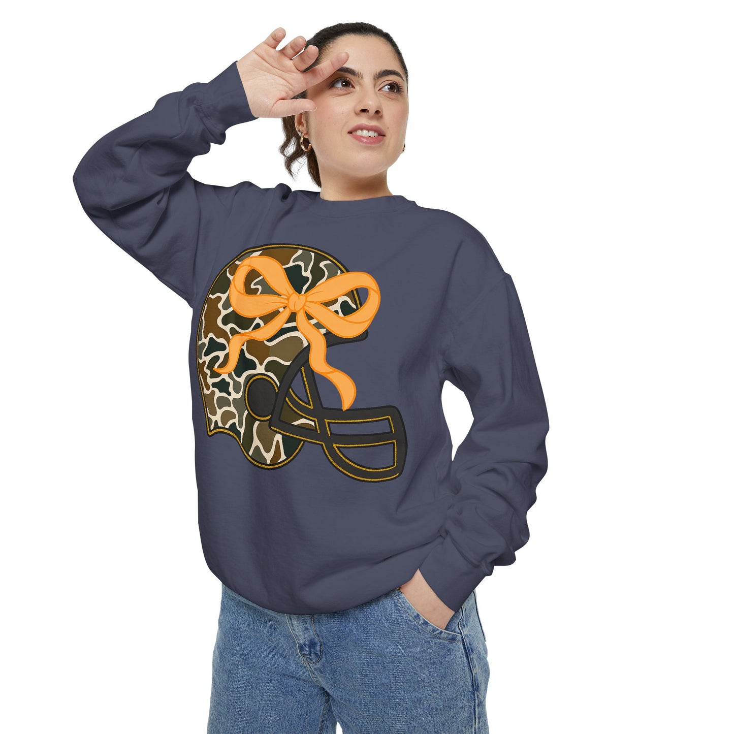 Comfort colors sweatshirt Camo Helmet Design, Casual Athletic Wear, Unisex Fall Fashion, Gift for Sports Fans