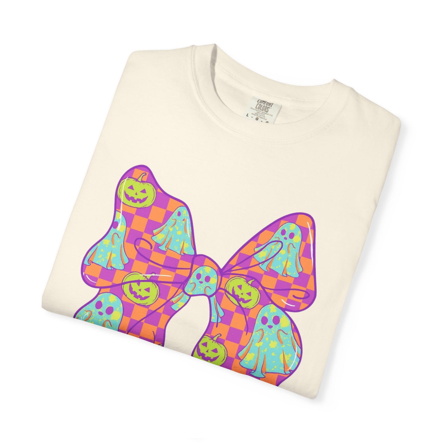 Neon Checkered Ghost Bow T-Shirt - Fun Lovers Halloween Unisex Tee