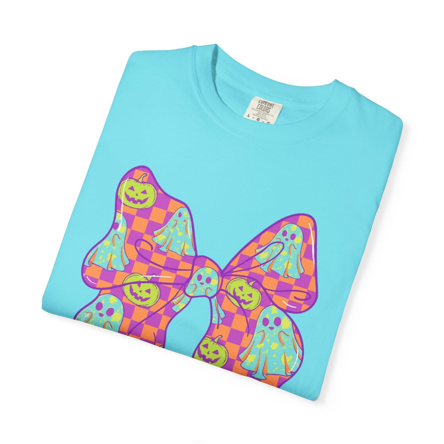 Neon Checkered Ghost Bow T-Shirt - Fun Lovers Halloween Unisex Tee
