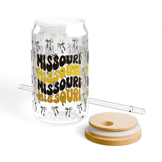 Coquette Bow Sipper Glass, Missouri-themed Drinkware, Eco-friendly Glass with Bamboo Lid, Perfect for Gifts, missouri tigers, missouri game day, graduation gift