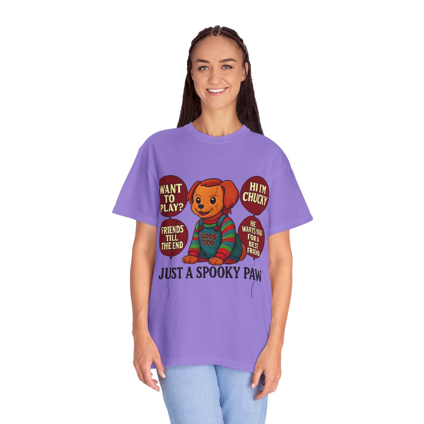 Spooky Graphic T-shirt, Halloween Costume Top, Unisex Tee, Funny Chucky Shirt, Gift for Horror Fans, Cute Spooky Apparel