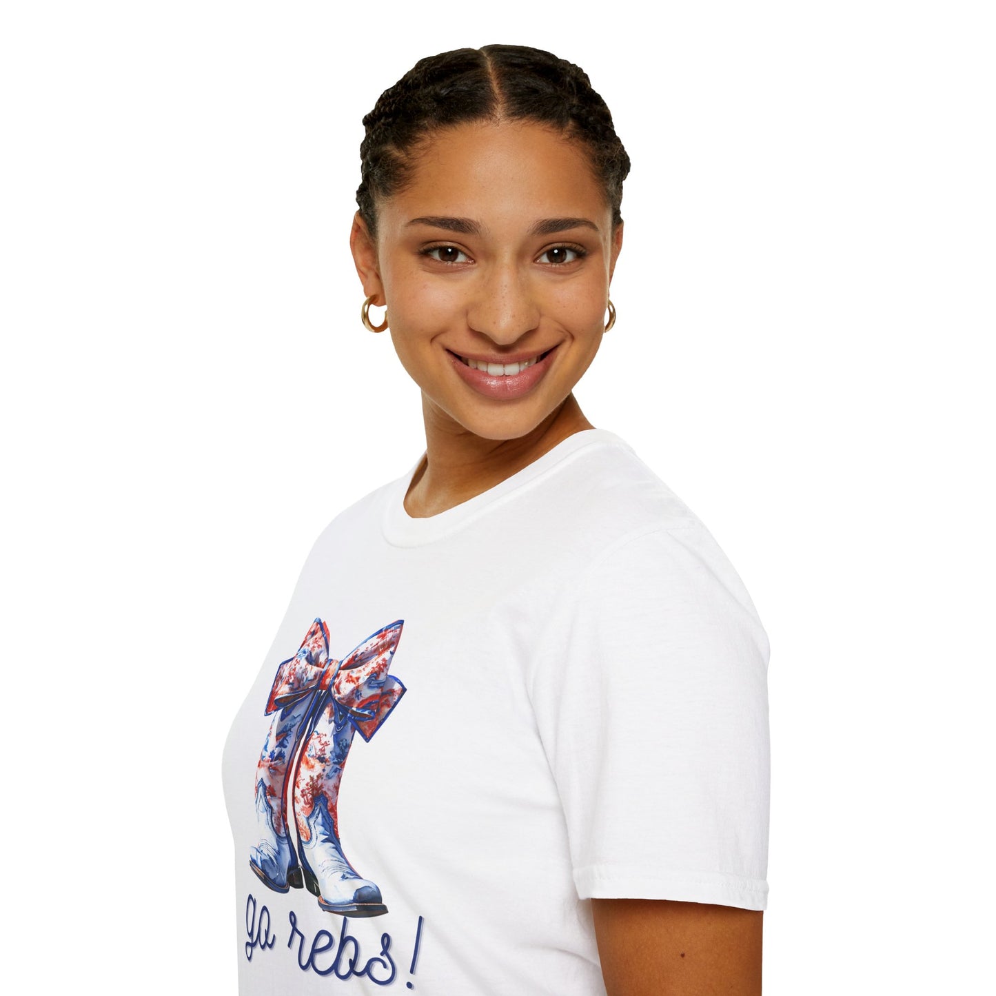 , go Rebs  Cheerful Unisex Softstyle T-Shirt with Bow Design | Gift for Sports Fans, Casual Wear, Team Spirit, Game Day Shirt, Cheerleading Top
