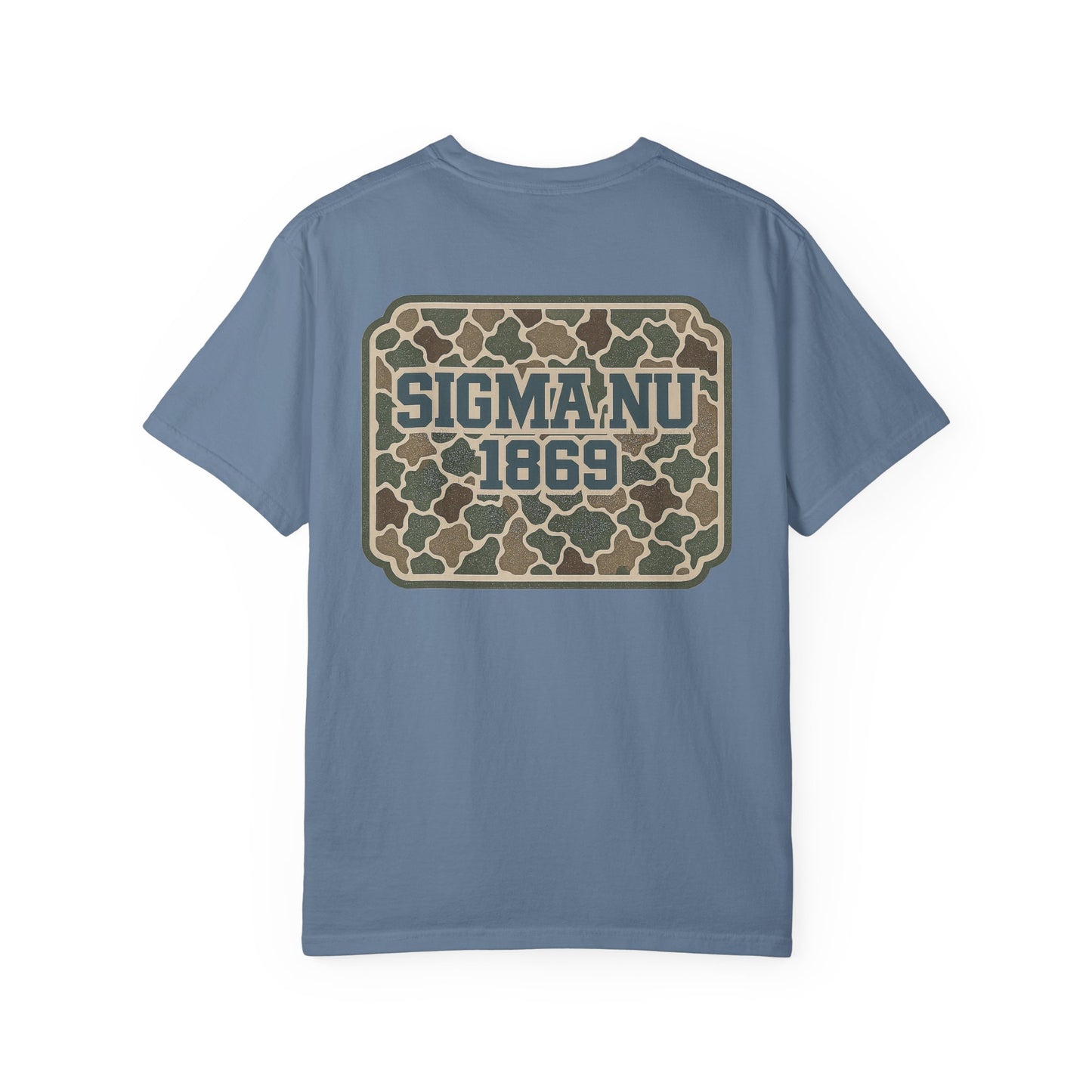 SigmaNu Camouflage T-Shirt | Unisex Garment-Dyed Tee for Greek Life | Ideal for Fraternity Events, Casual Wear, Gifts, Game Days