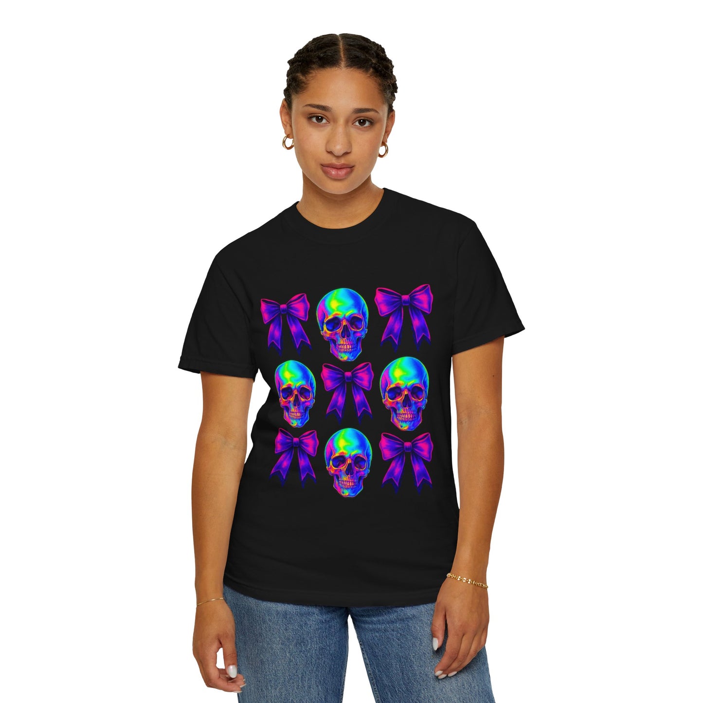 Neon Skull and Bow Unisex T-Shirt | Trendy Graphic Tee for Halloween, Festivals, Casual Wear, Gifts