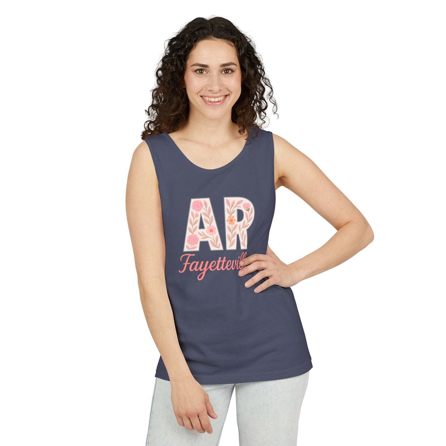 Fayetteville Floral Tank Top, Casual Summer Top, Gift for Her, Travel Apparel, Arkansas Style, Arkansas Student Gift, Graduation Gift, Comfort Colors