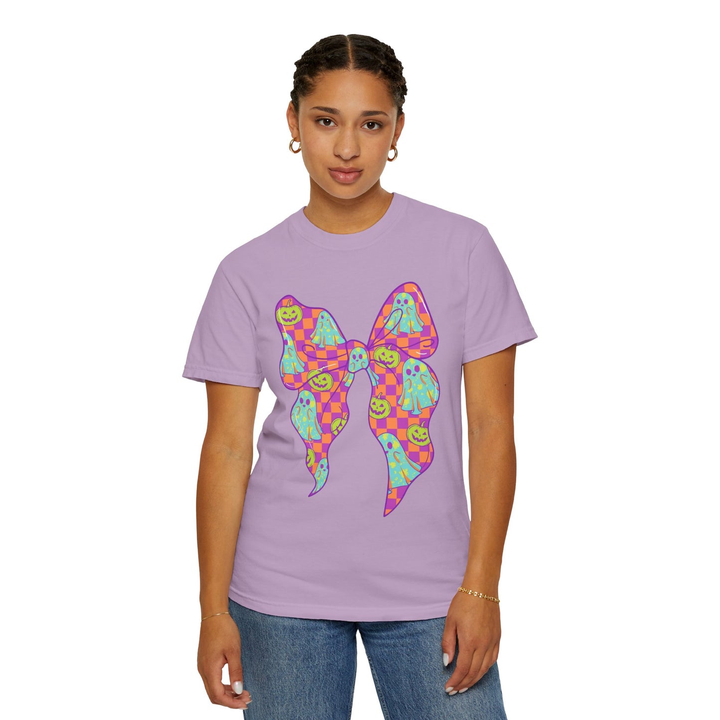 Neon Checkered Ghost Bow T-Shirt - Fun Lovers Halloween Unisex Tee