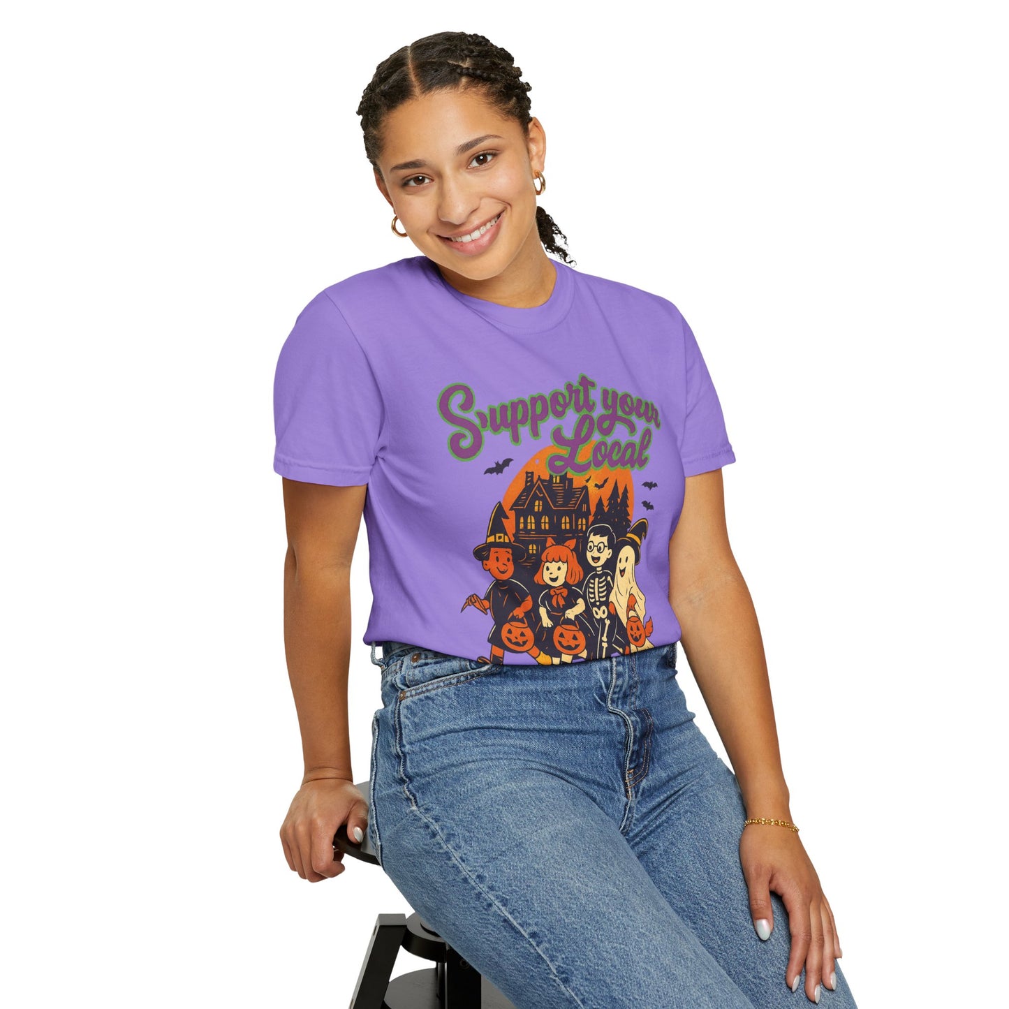 Halloween Support T-Shirt, Youth Trick or Treat Shirt, Garment-Dyed Tee for Kids, Spooky Season Apparel, Holiday Party Top, Fun Costume Wear