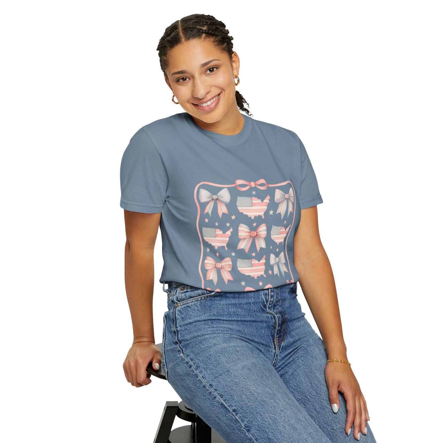 America Coquette Cute Bow Pattern Comfort Colors Unisex T-Shirt - 4th of July USA Celebration