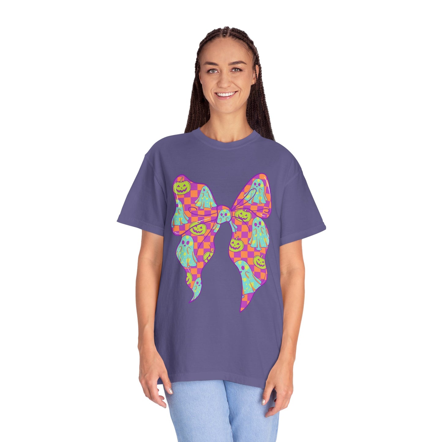 Neon Checkered Ghost Bow T-Shirt - Fun Lovers Halloween Unisex Tee