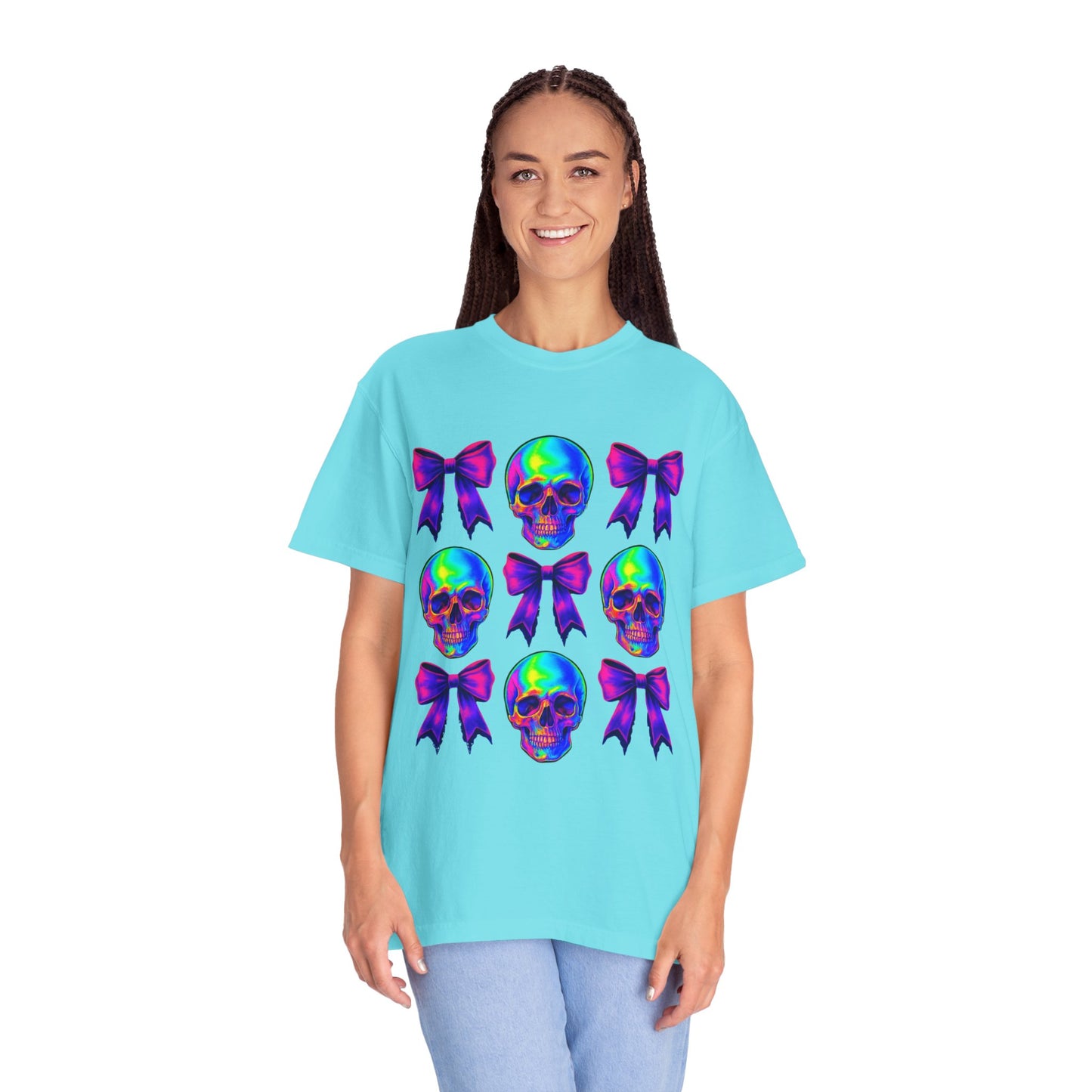 Neon Skull and Bow Unisex T-Shirt | Trendy Graphic Tee for Halloween, Festivals, Casual Wear, Gifts