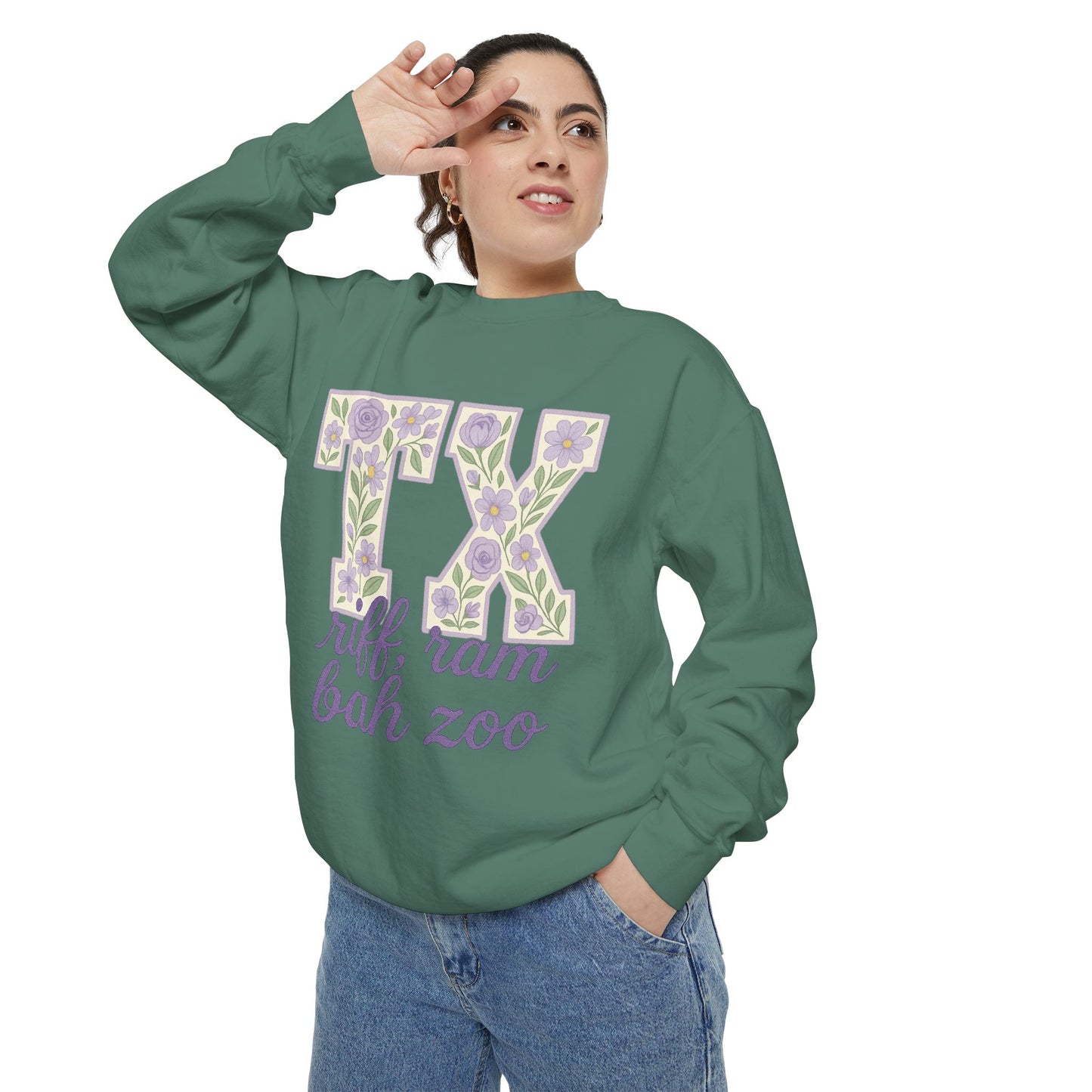 TCU Floral TX Sweatshirt - Unisex Garment-Dyed, Cozy Casual Wear, Texas Pride, Gift for Friends, College Apparel, Spring Outfits