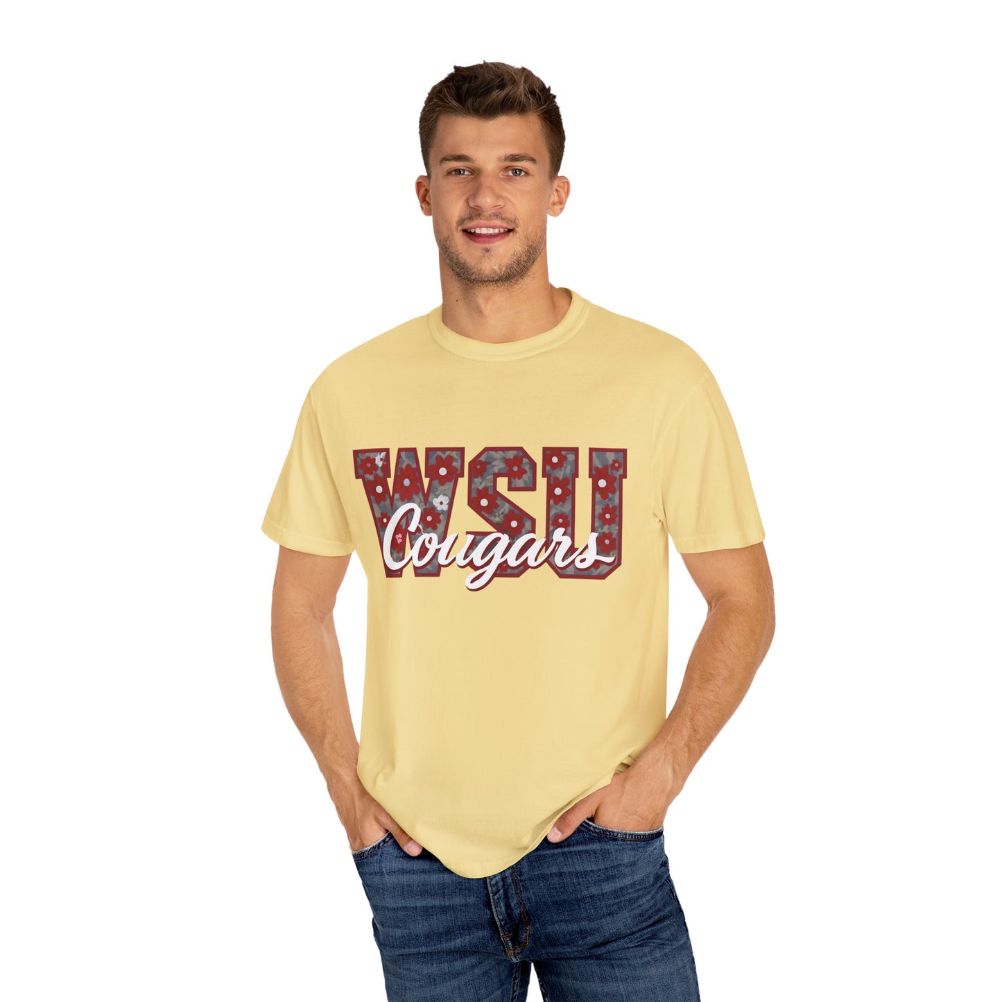 Garment-Dyed T-Shirt with WSU Cougars Design, Casual Wear, College Apparel, Sports Fan Gear, Comfortable Lifestyle Top, WSU Cougars