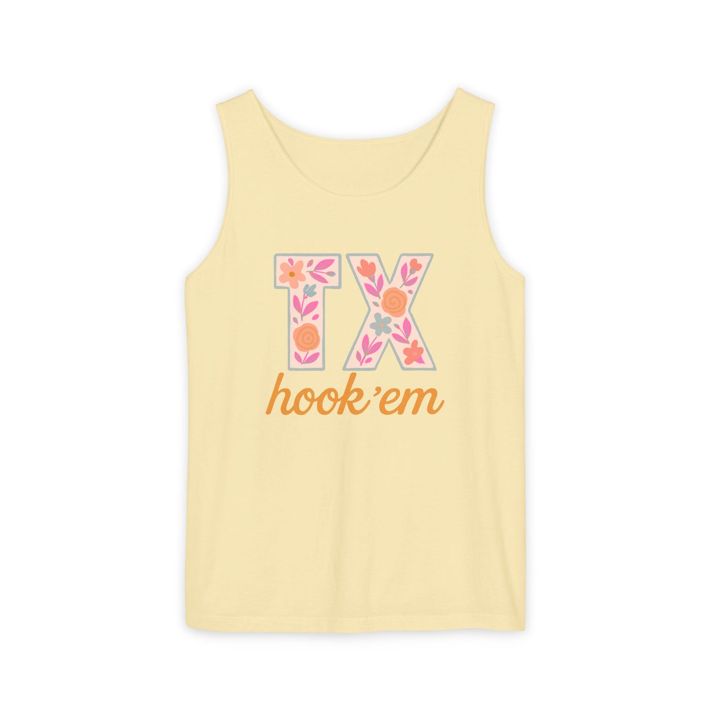 Texas Floral Hook 'Em Unisex Tank Top, Summer Vibe, Casual Wear, College Gear, Gift for Graduates, Texas Pride Apparel, Comfort Colors, Graduation Gift