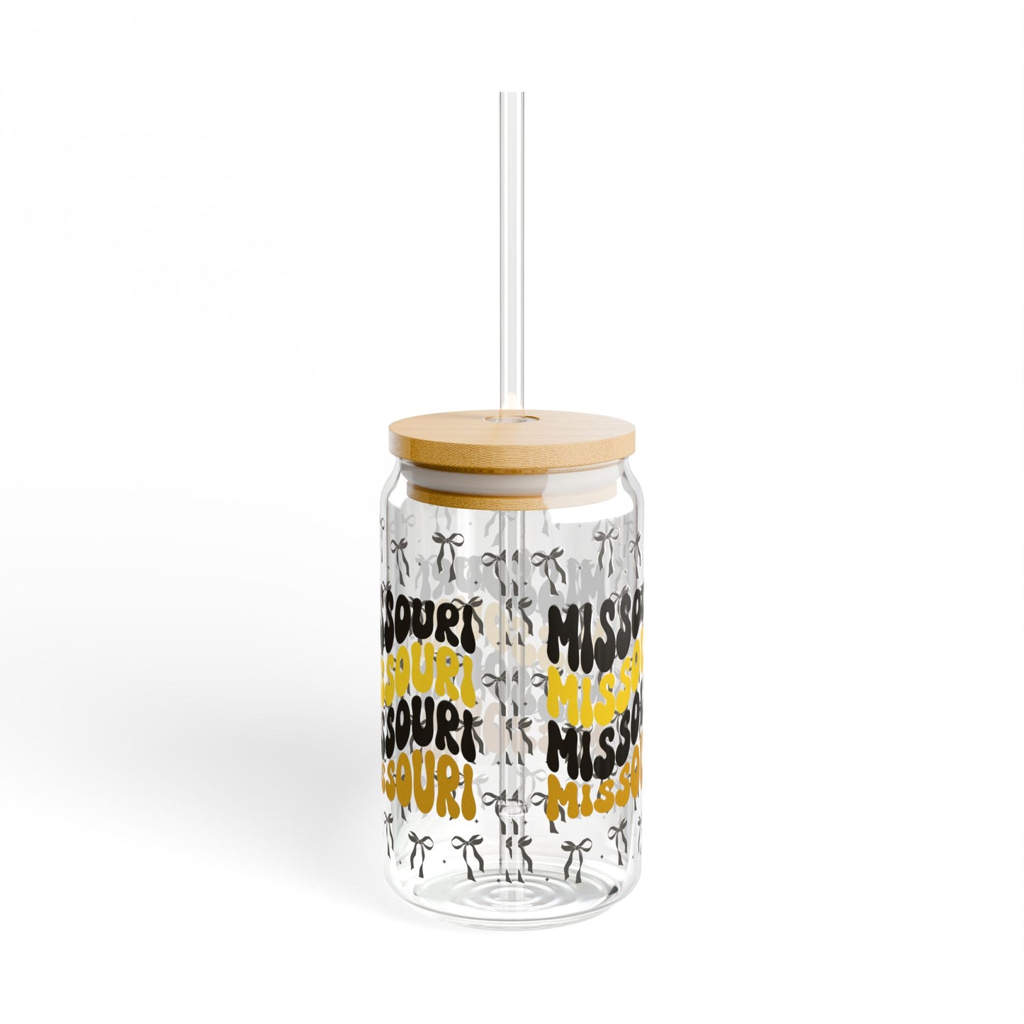 Coquette Bow Sipper Glass, Missouri-themed Drinkware, Eco-friendly Glass with Bamboo Lid, Perfect for Gifts, missouri tigers, missouri game day, graduation gift