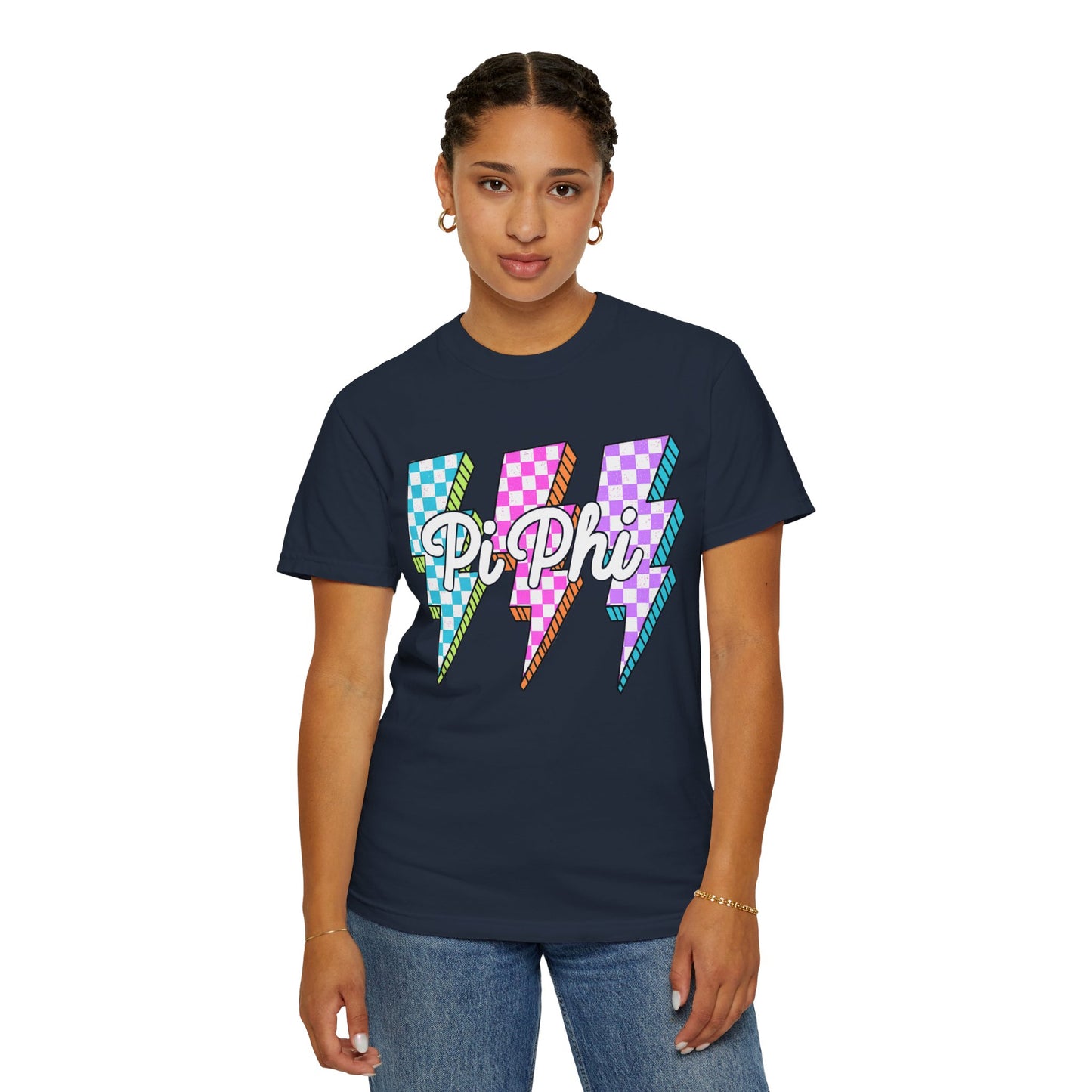 PB Phi Lightning Bolt Unisex T-shirt | Vibrant Greek Life Apparel, Unique Gift for Sorority Sisters, Casual Wear, Celebrating Sisterhood