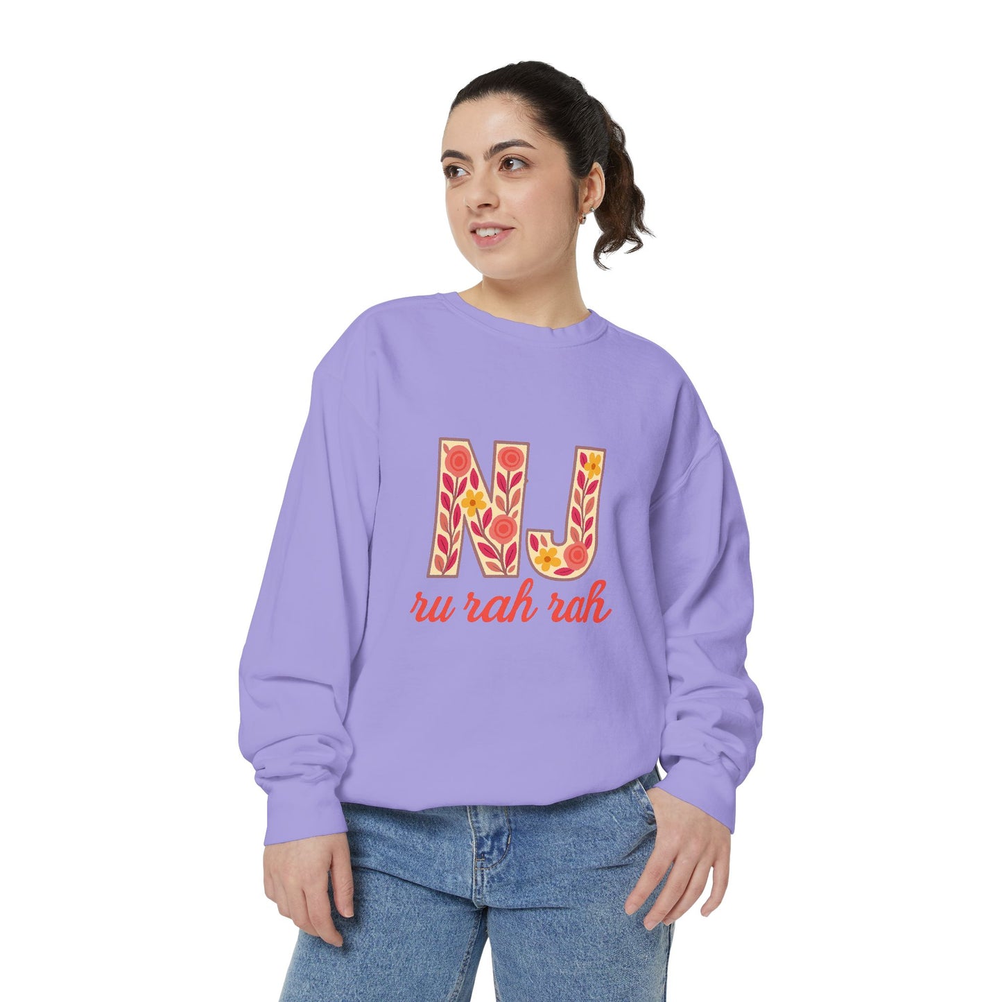 Cheerful NJ Garment-Dyed Sweatshirt, Cozy Unisex Pullover for School Spirit, Fall Fashion, Gift for College Students, Relaxed Fit