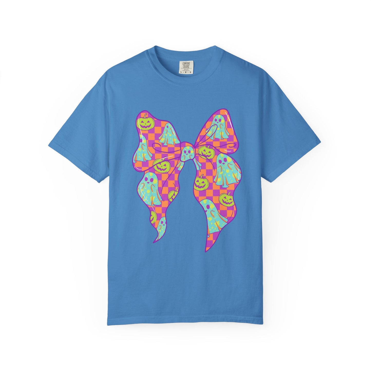 Neon Checkered Ghost Bow T-Shirt - Fun Lovers Halloween Unisex Tee