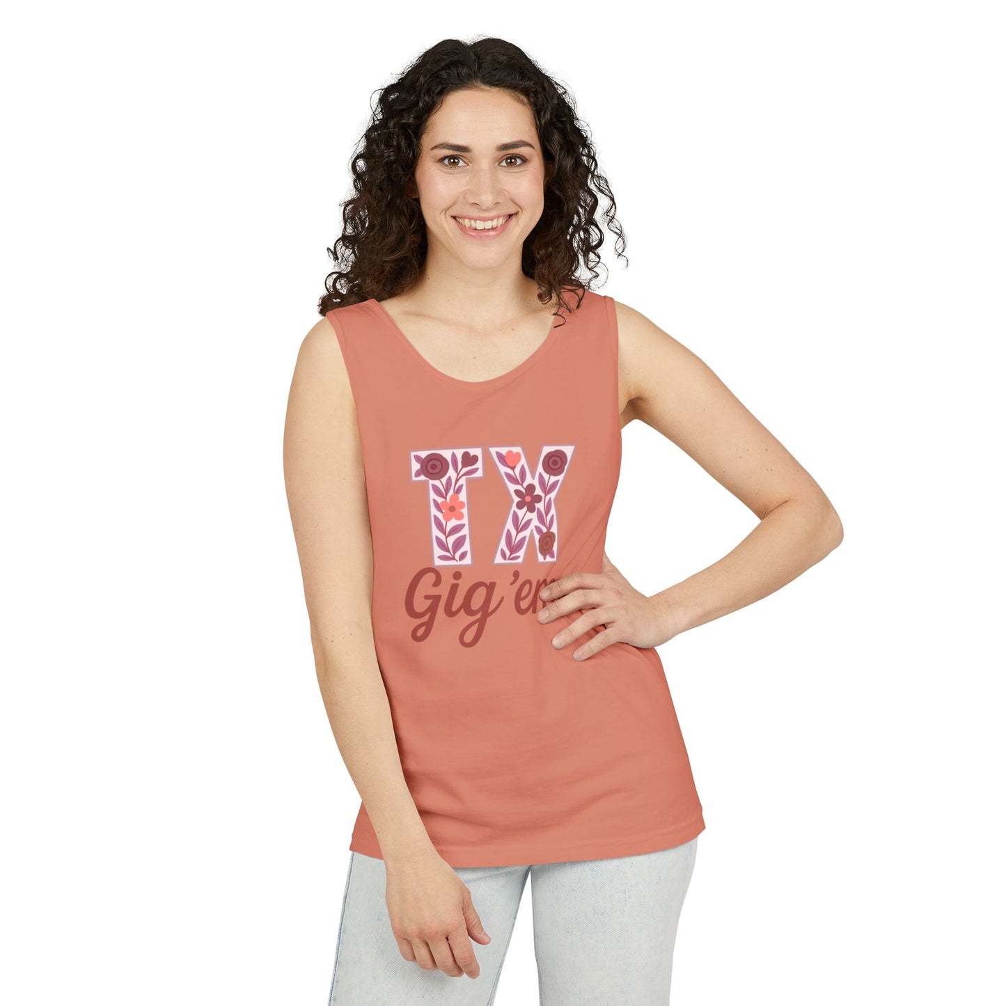 Texas Gig 'Em Tank Top, Unisex Summer Apparel, Cute Floral Design, Perfect for College Fans, Gifts, Comfort Colors, Graduation Gift