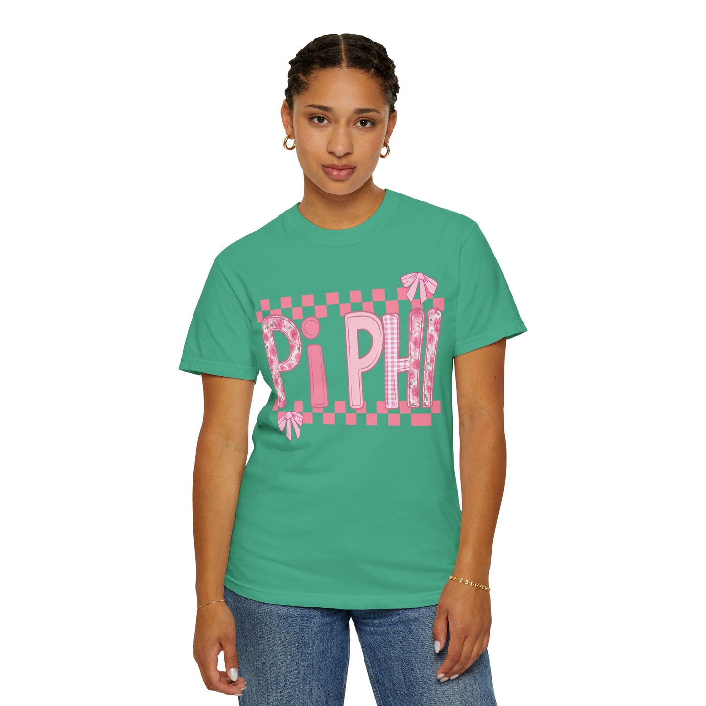 Cute Garment-Dyed T-Shirt for Sorority Sisters, Pi -Checked Style, Perfect for Casual Outings, Sorority Events, Gifts