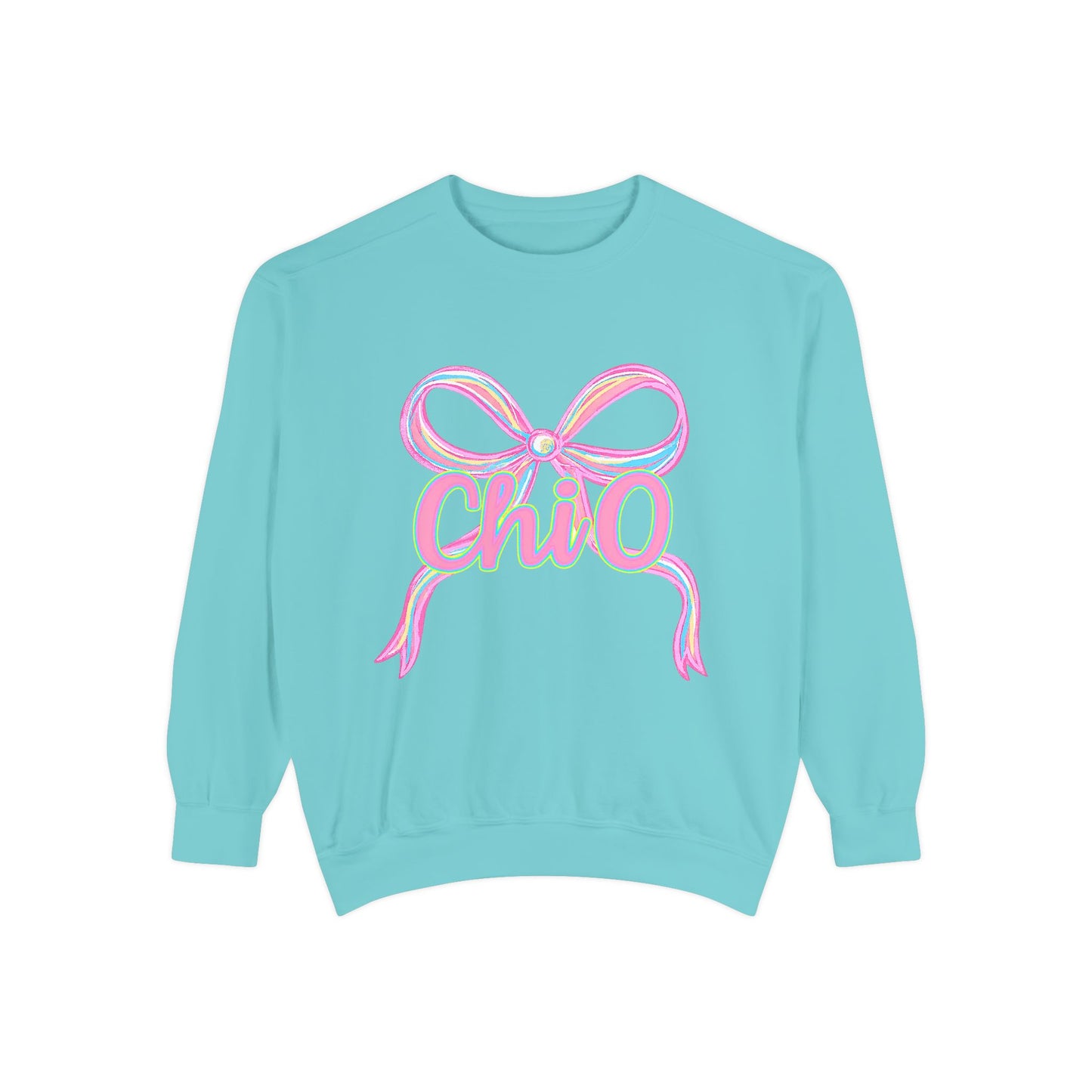 CHIO Chic Bow Graphic Unisex Garment-Dyed Sweatshirt, Cozy Pullover, Fashionable Gift, Casual Outfit, Spring Style, Trendy Apparel