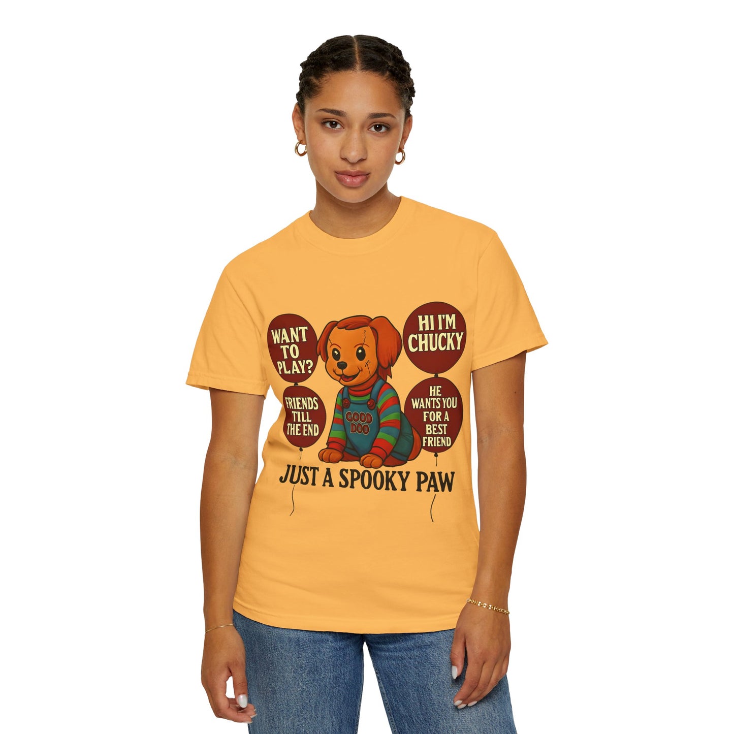 Spooky Graphic T-shirt, Halloween Costume Top, Unisex Tee, Funny Chucky Shirt, Gift for Horror Fans, Cute Spooky Apparel