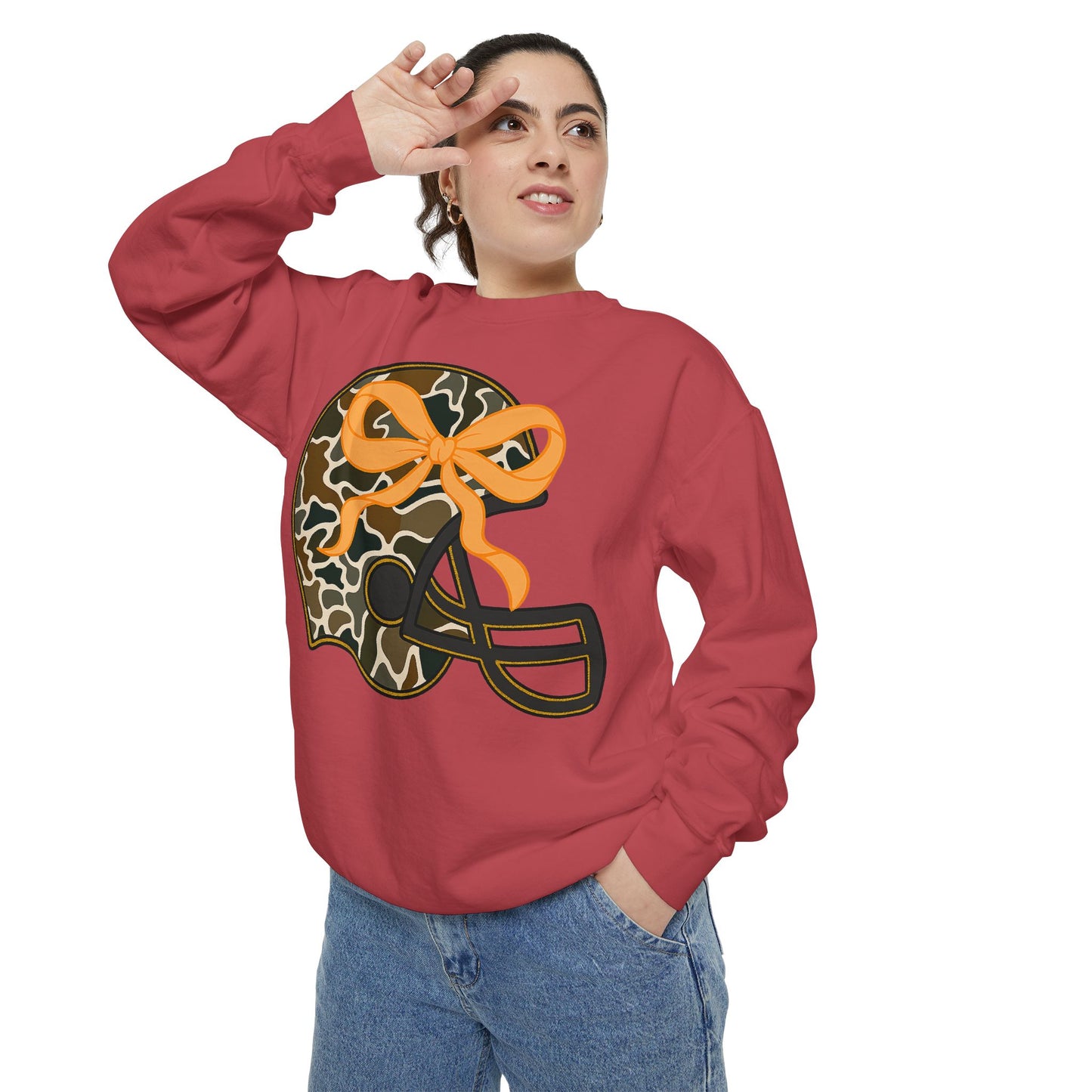 Comfort colors sweatshirt Camo Helmet Design, Casual Athletic Wear, Unisex Fall Fashion, Gift for Sports Fans