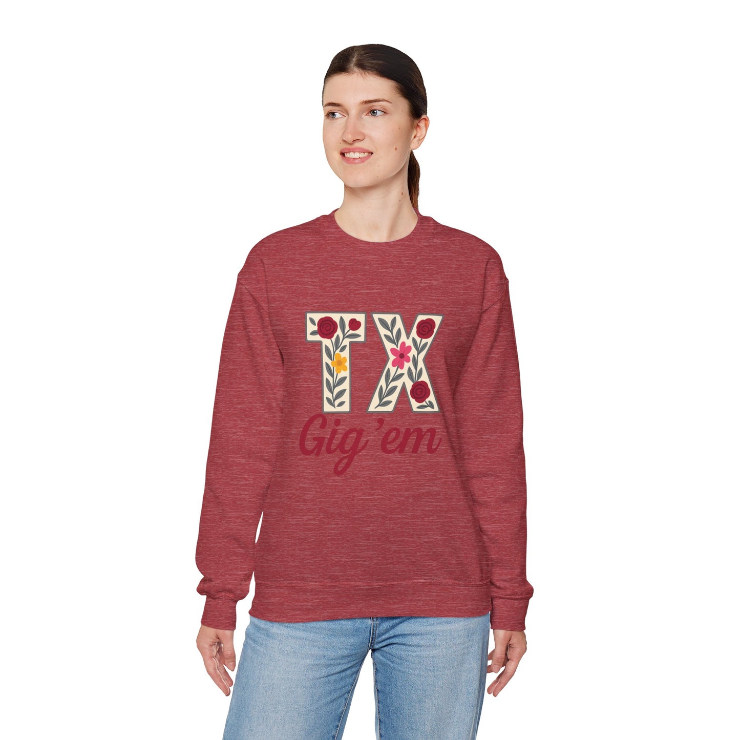 Texas Floral Crewneck Sweatshirt, Cozy Texas Sweatshirt, TX Gig'em Gift, Unisex Sweatshirt for Gamers, Floral Crew Neck for Casual Wear